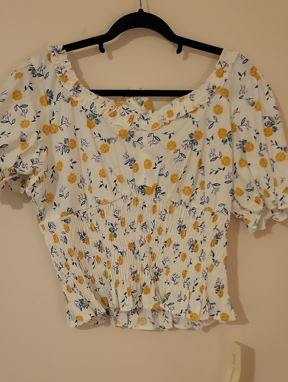 #47 White/cream Smocked Boutique Top with Yellow Floral Print